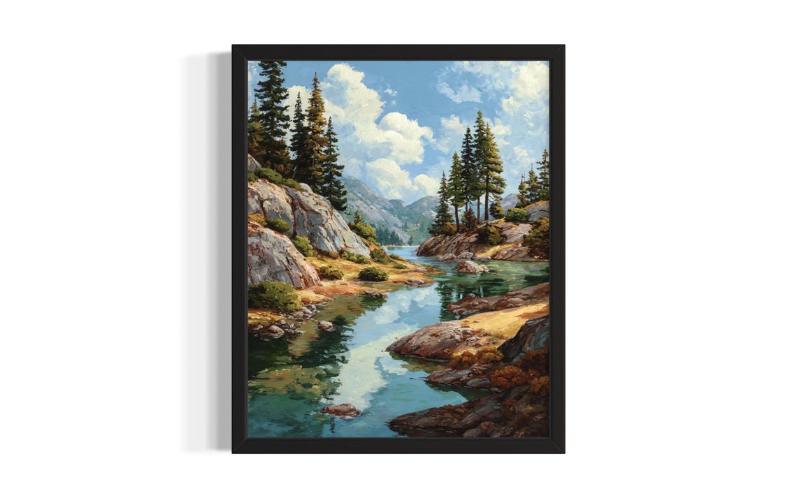 Mountain Lake Pine Trees Landscape Oil Painting Rocky Shore Poster