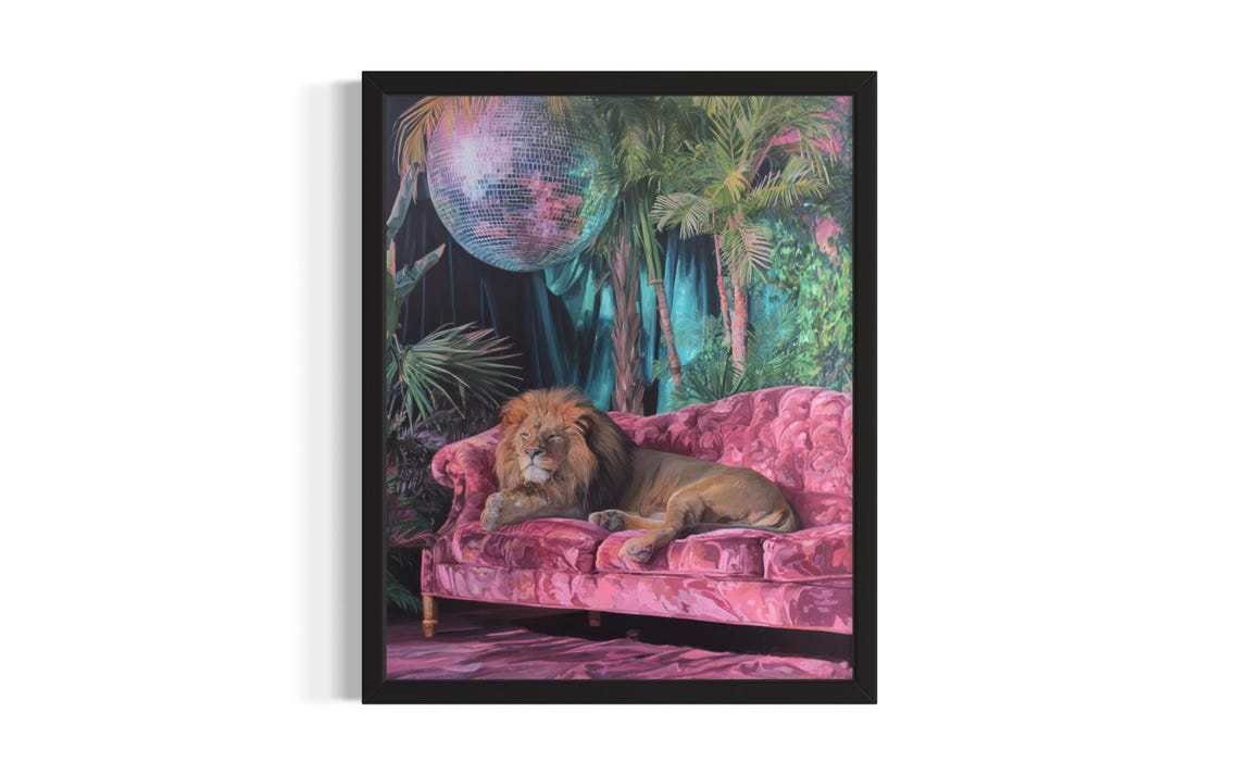 Lion Animal Disco Poster Art Print Living Room Wall Original Painting Artwork Decor