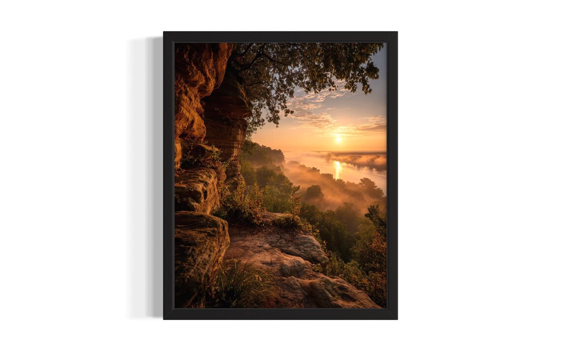 Golden Sunrise Over Misty River Valley From Rocky Bluff Photo Poster