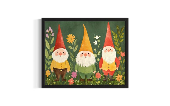 Cute Garden Gnomes Flowers Whimsical Kids Illustration Poster