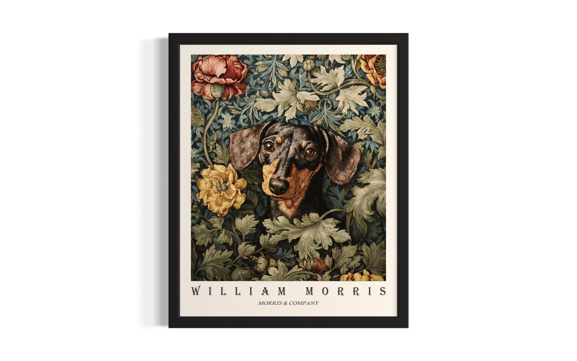 Dachshund William Morris Floral Botanical Dog Portrait Poster