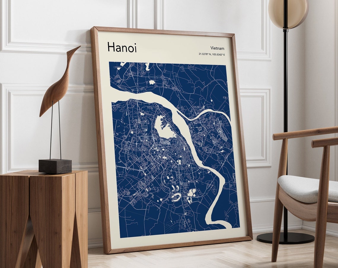 Hanoi Vietnam Monochrome Navy Blue Street Map Minimalist Wall Poster