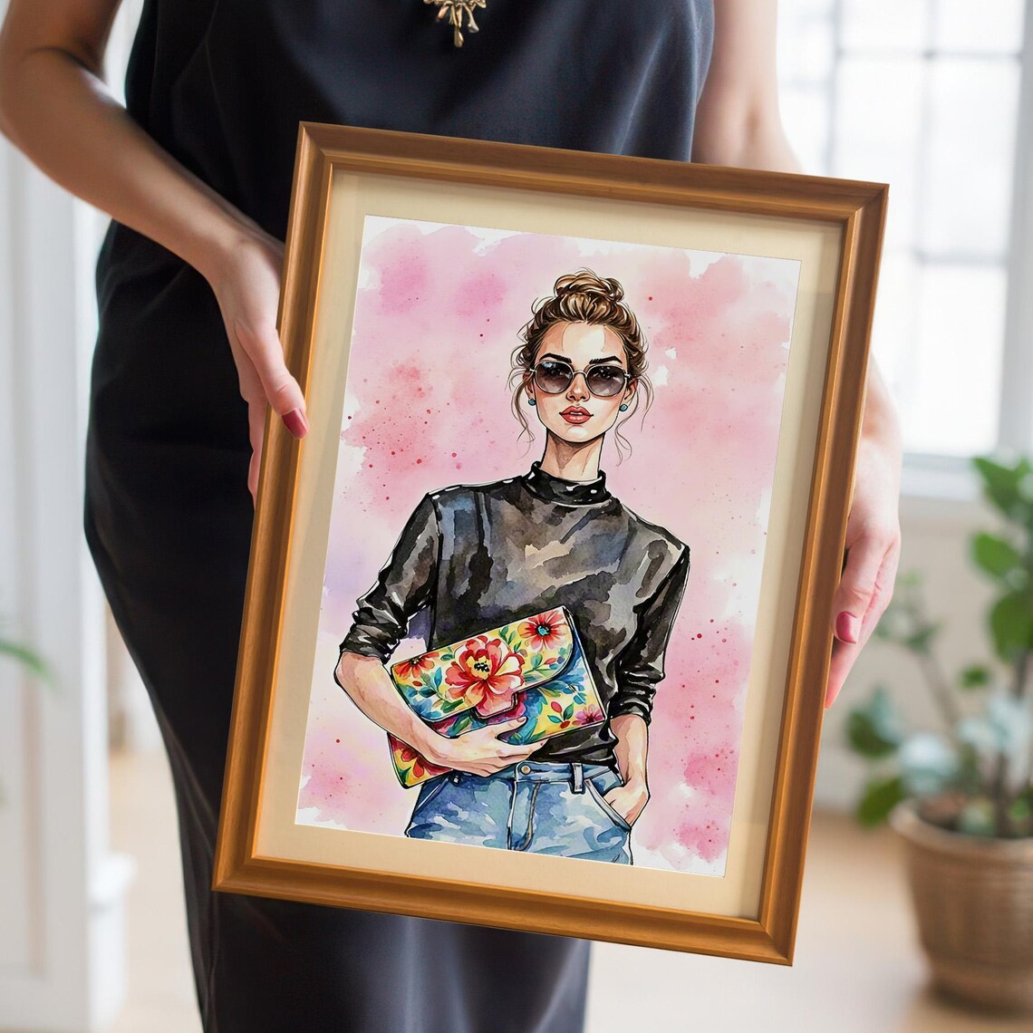 Watercolor Fashion Woman With Floral Clutch Pink Chic Art Poster
