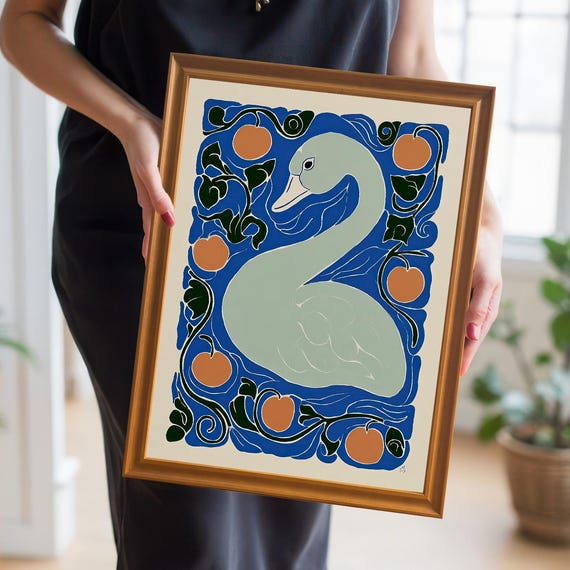 Art Nouveau Swan Print Abstract Wall Wood Framed Vintage Style Poster Home Decor