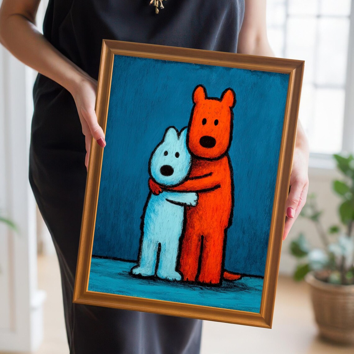 Bear Hugging Dog Naive Childlike Friendship Painting Cute Animals Poster