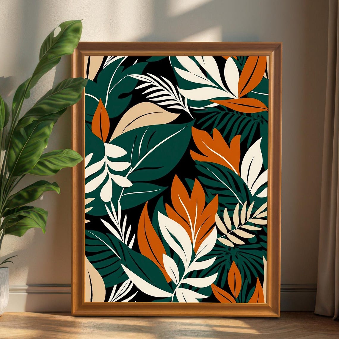 Large Bold Tropical Leaf Pattern Teal Orange Botanical Art Print