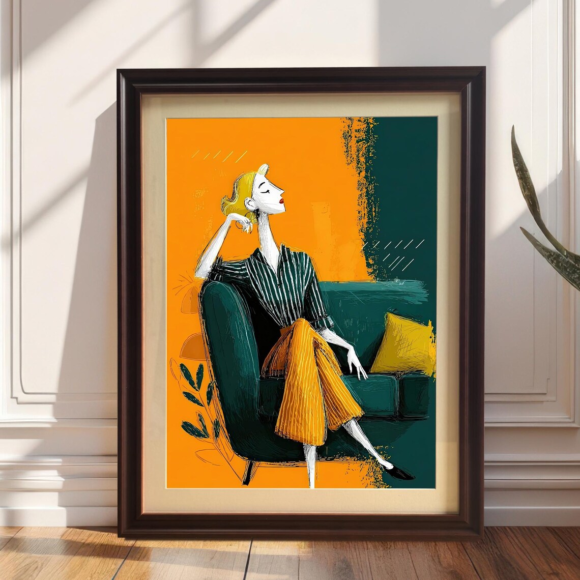 Stylish Blonde Woman Lounging On Green Sofa Retro Art Poster