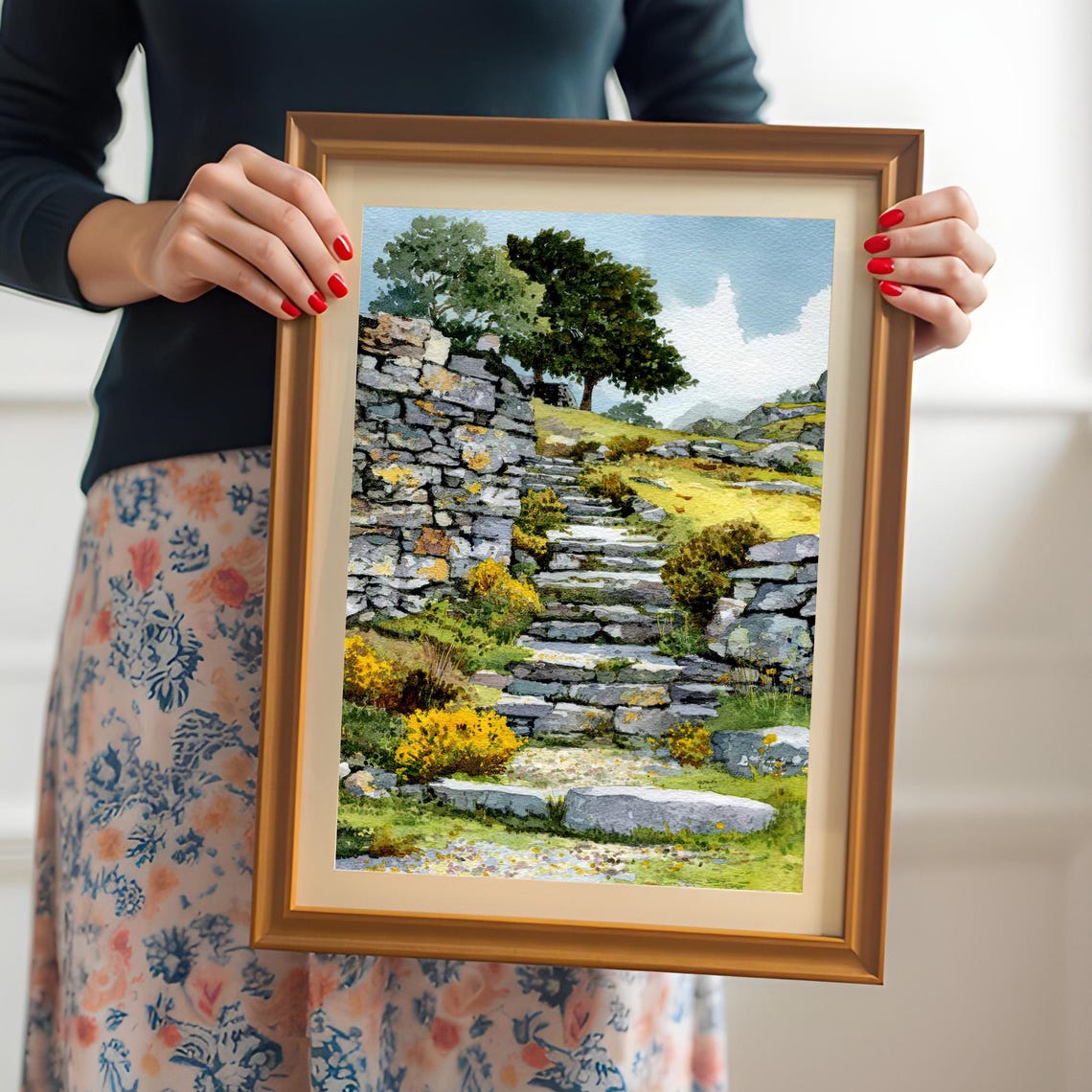 Rustic Stone Staircase Country Path Watercolor Landscape Poster