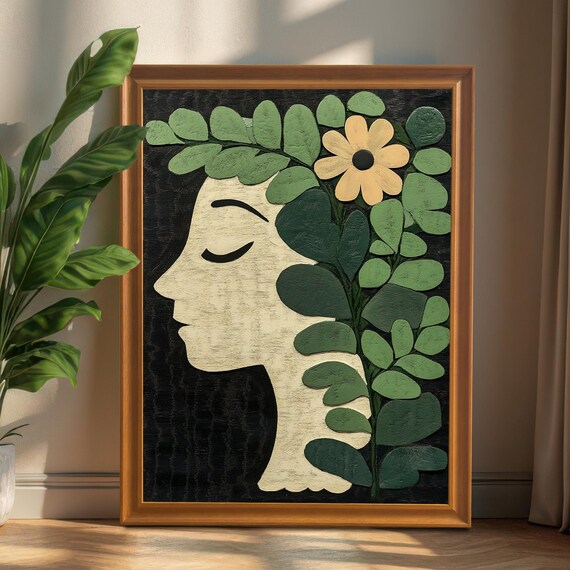 Green Leaf Hair Woman Profile Art Print