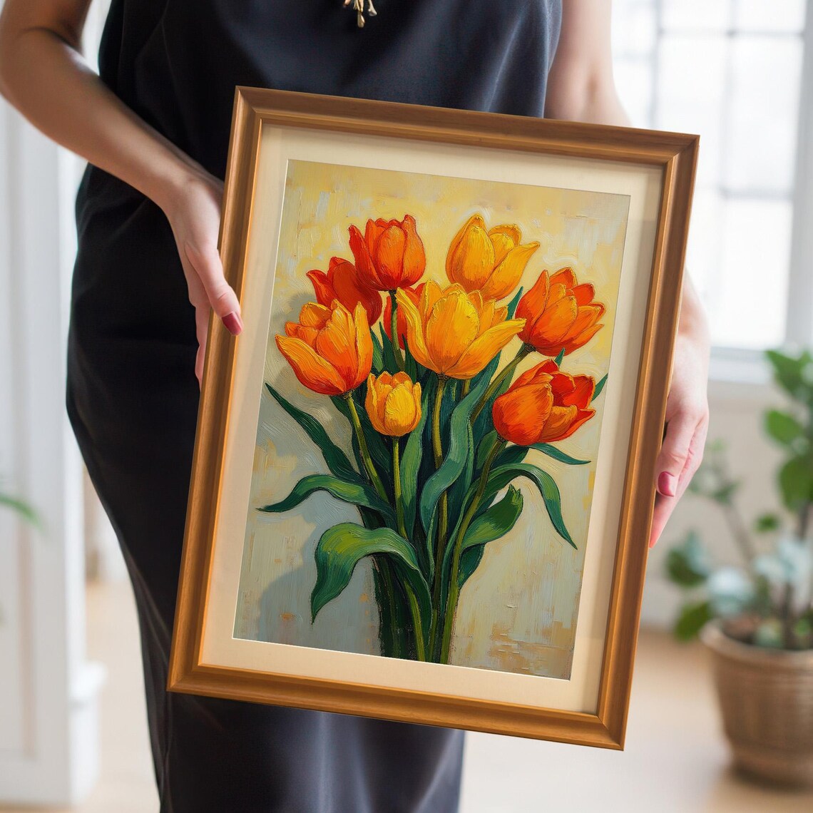 Orange Tulip Bouquet Textured Oil Painting Art Print