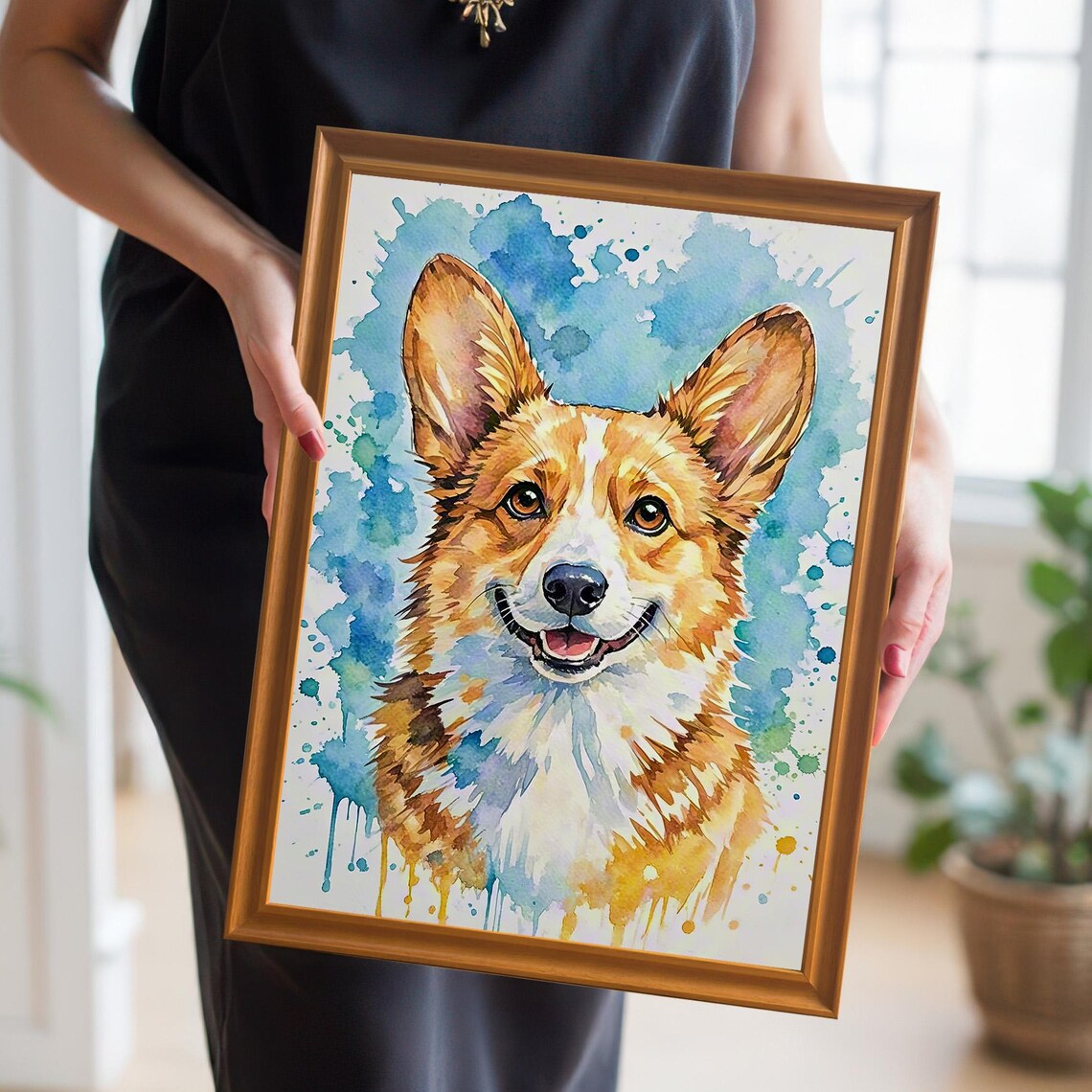 Happy Corgi Watercolor Portrait Blue Splash Pet Dog Lover Poster