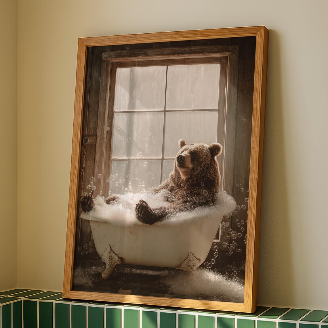 Bear In Bubble Bath Art Print, Bathroom Decor