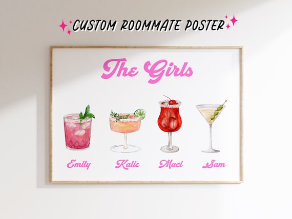 The Girls Custom Names Watercolor Cocktail Friend Group Poster