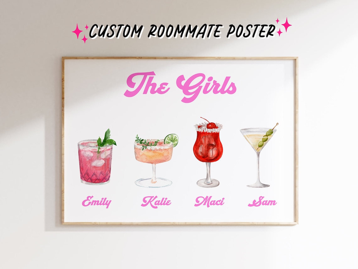 The Girls Custom Names Watercolor Cocktail Friend Group Poster