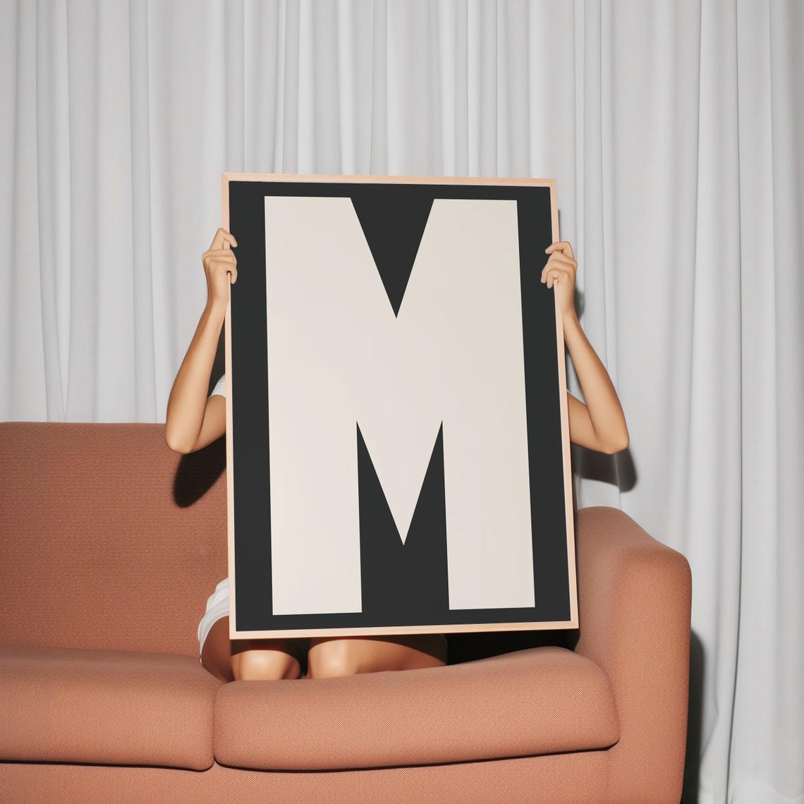 Letter M Bold Monogram Cream on Black Minimalist Initial Poster
