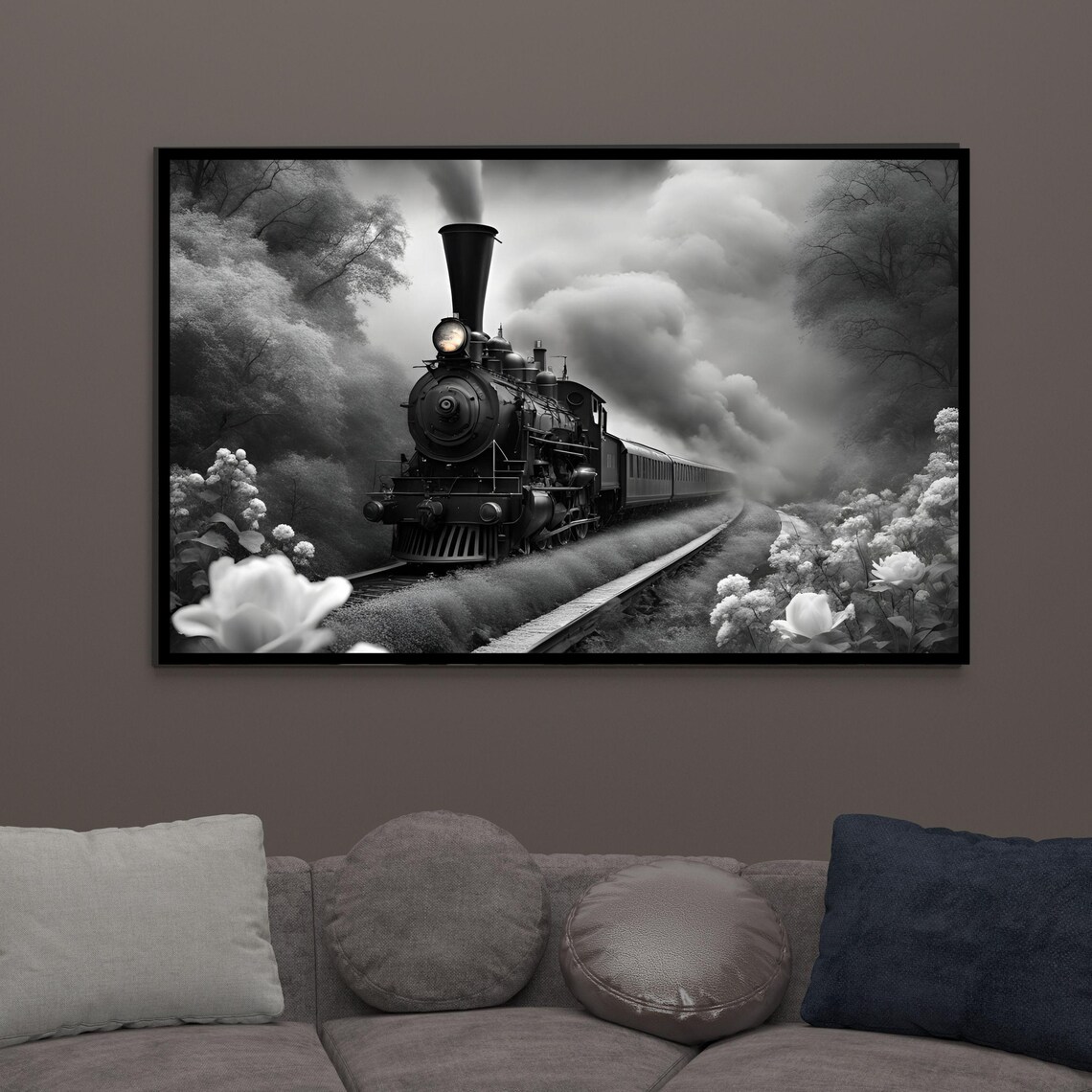 Romantic Steam Train Vintage Locomotive, Floral Scenery - Image 3