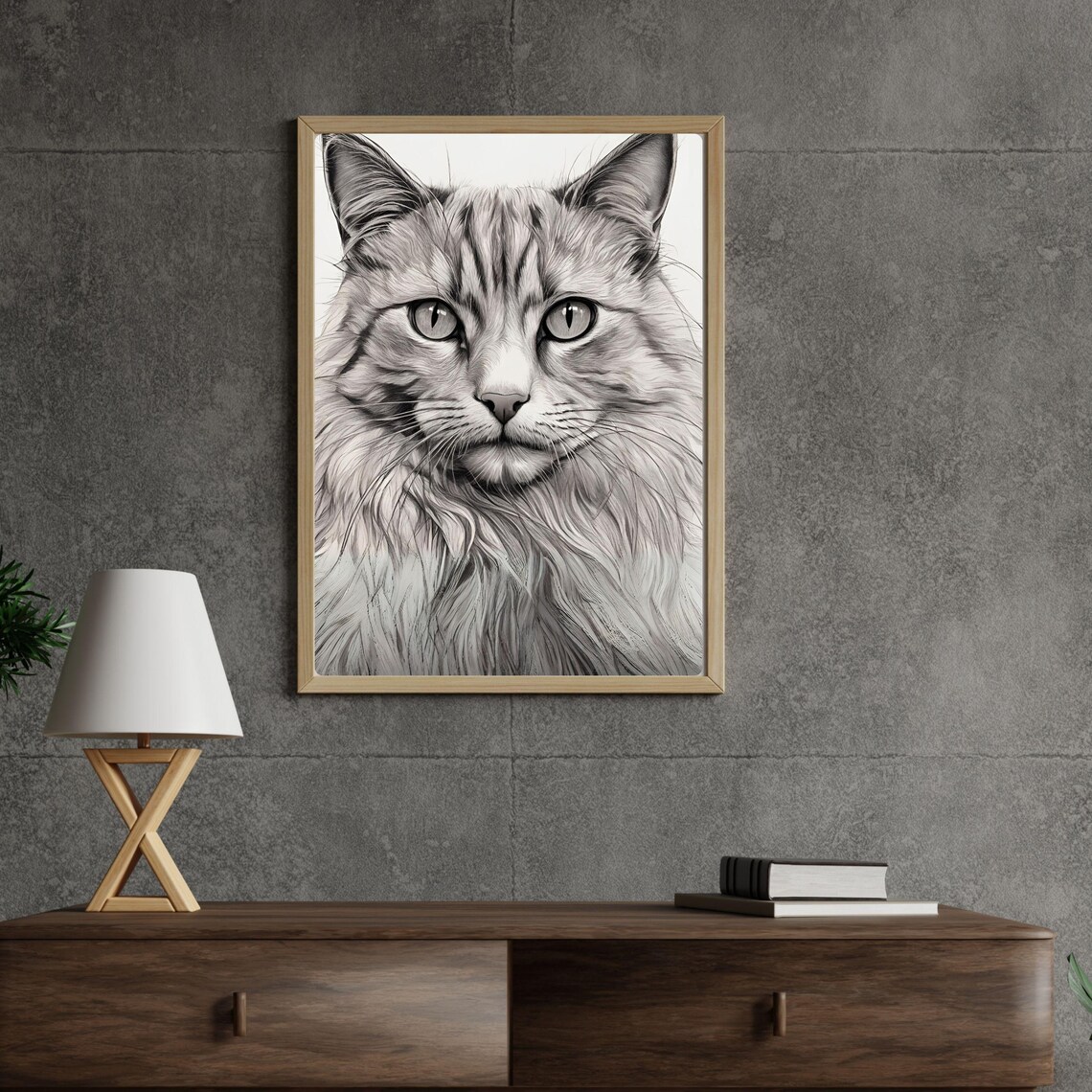 Fluffy Long Haired Tabby Cat Realistic Black White Portrait Poster - Image 2