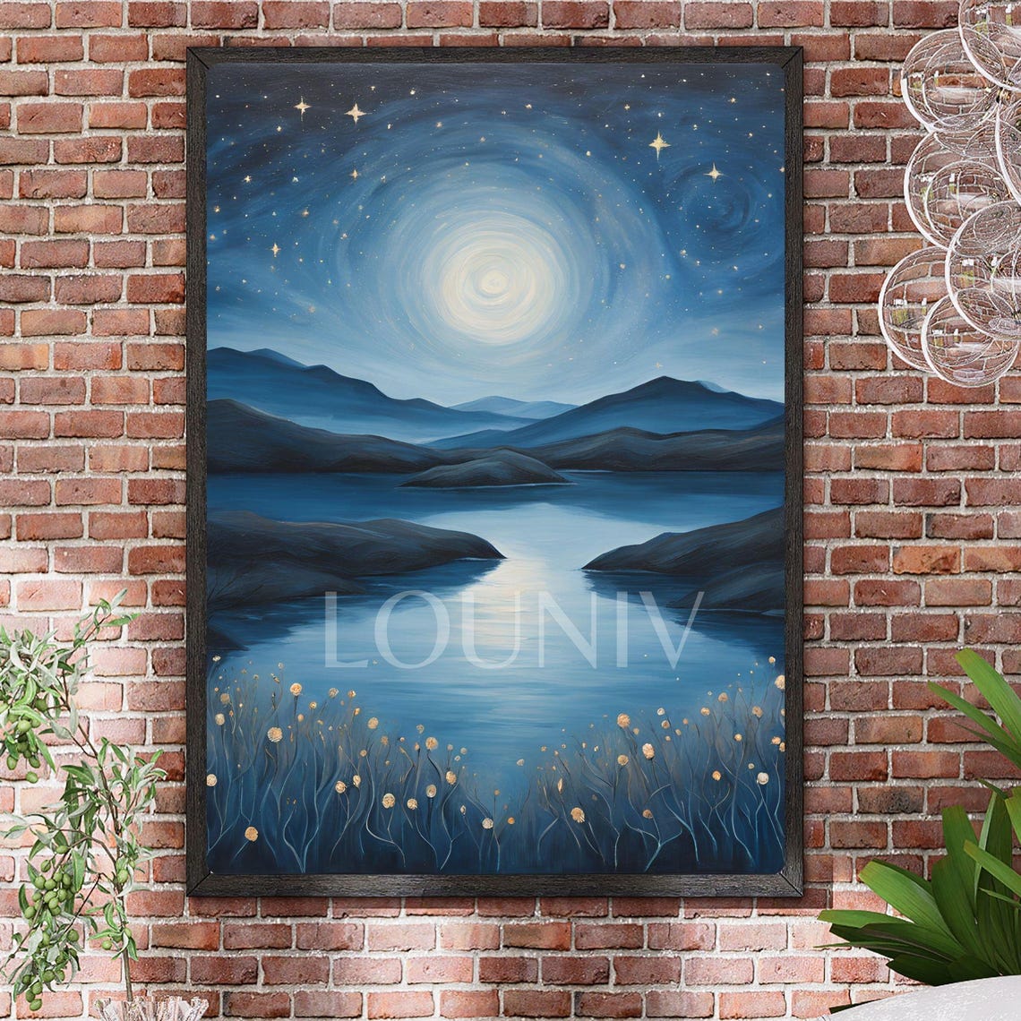 Moonlit Lake Wall Art Starry Night Landscape Print Peaceful Nature Blue Serenity Decor