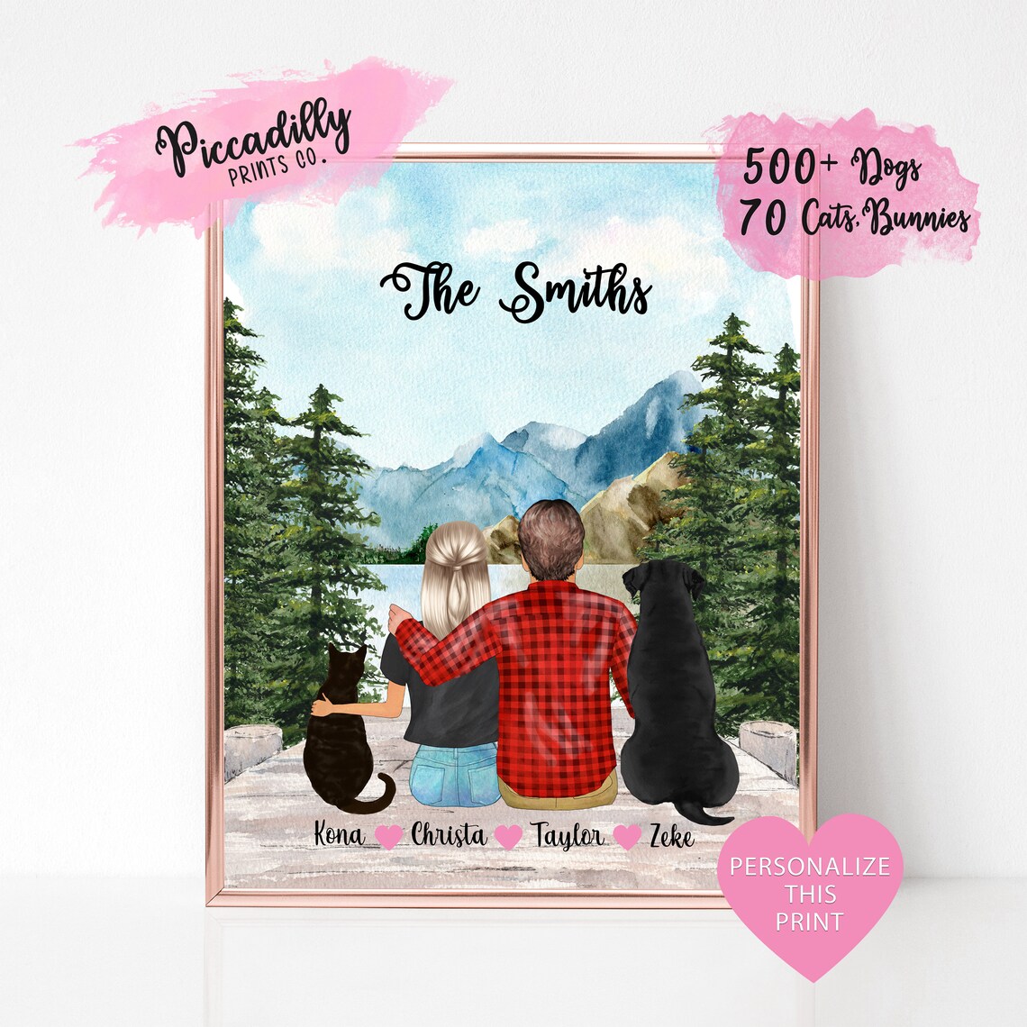 Personalised Couple Portrait With Dog And Cat Adventure Art Print
