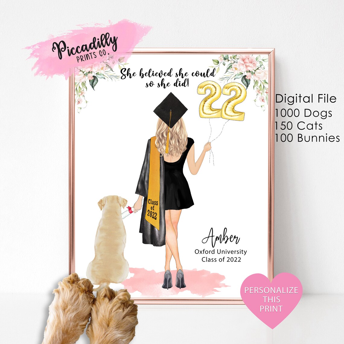Personalised Graduation Portrait With Pet, Congrats Gift