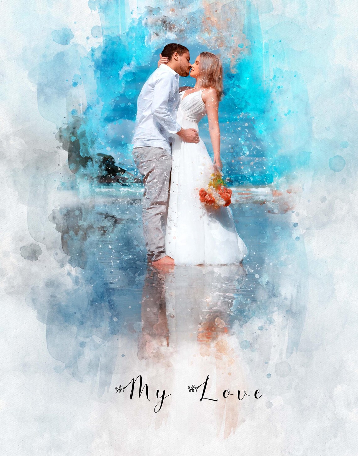 My Love Beach Kiss Bride and Groom Watercolor Wedding Poster - Image 3