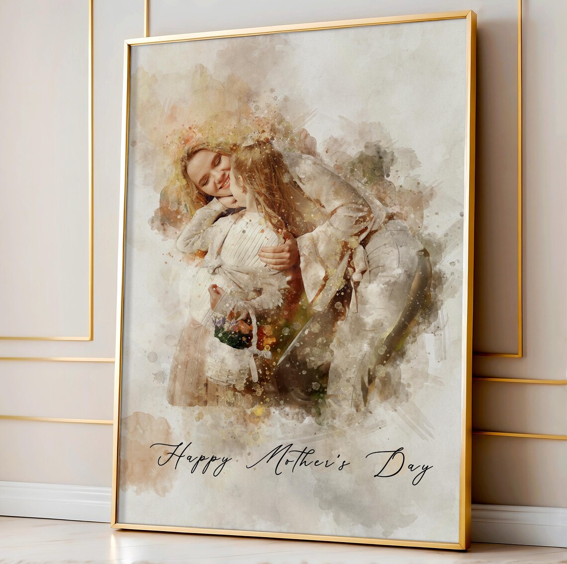 Happy Mother's Day Mother Child Embrace Watercolor Art Poster