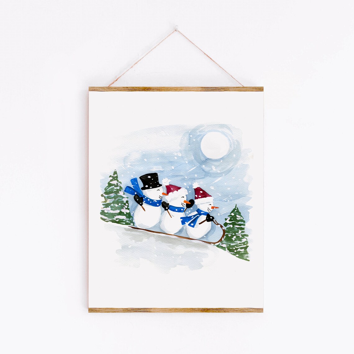 Sledding Snowmen Holiday Christmas Watercolor Art Print - Image 4