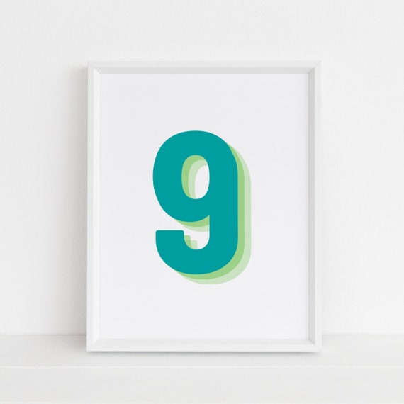 Retro 3d Green Number 9 Print Monogram Number Nine Print Green Digit Birthday Age Print Baby Letter Poster Wall Art