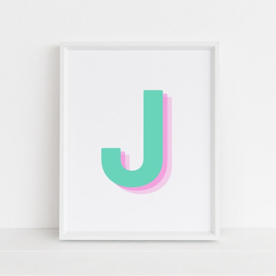 Retro 3d J Letter Print Monogram Letter Print Green And Pink Letter Initial Alphabet Print Baby Letter Art Wall Art