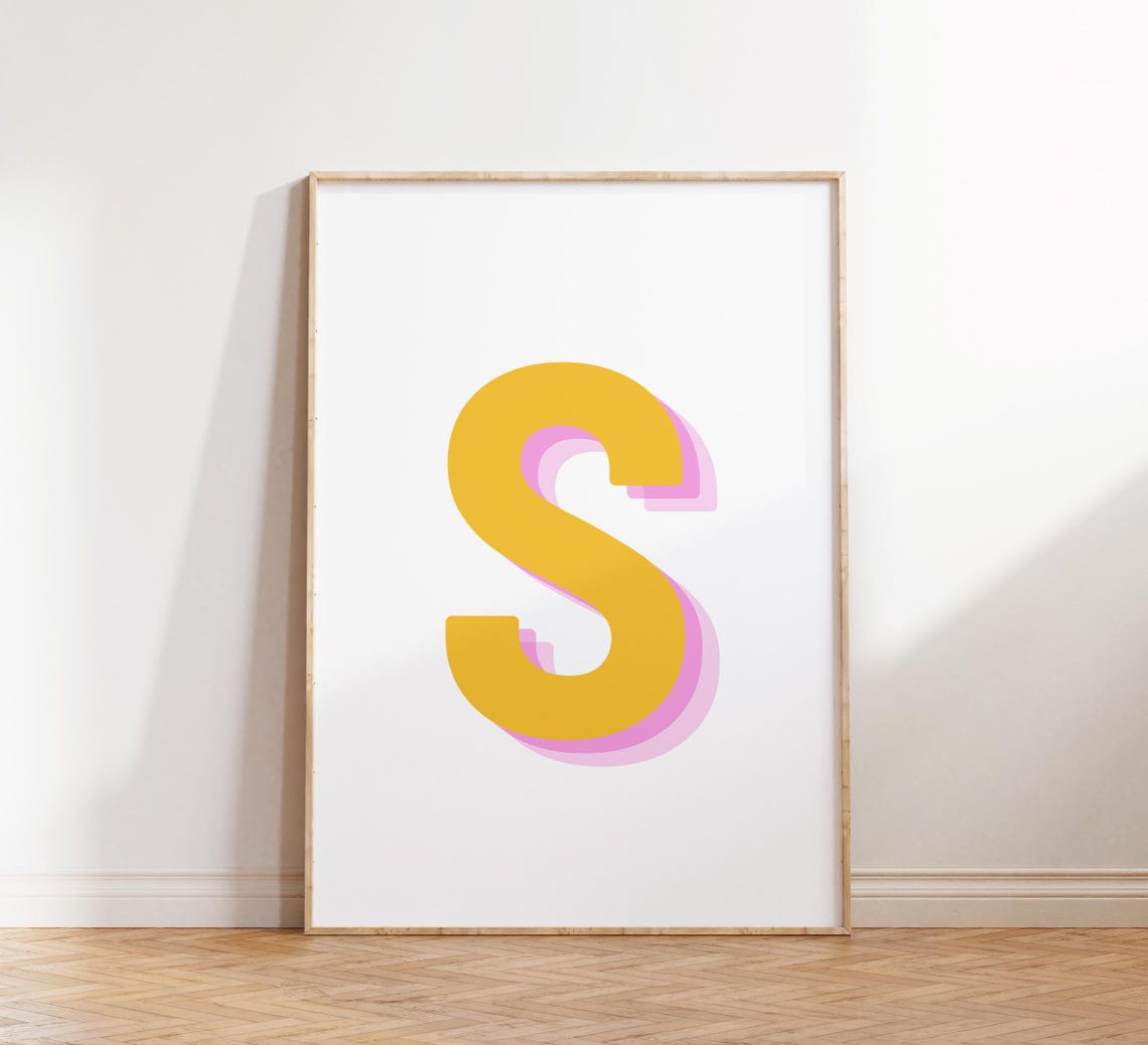 Retro 3d S Alphabet Art Letter S Print Bold Typography In Yellow And Pink Initial Wall Art Initial S Retro Wall Decor - Image 5