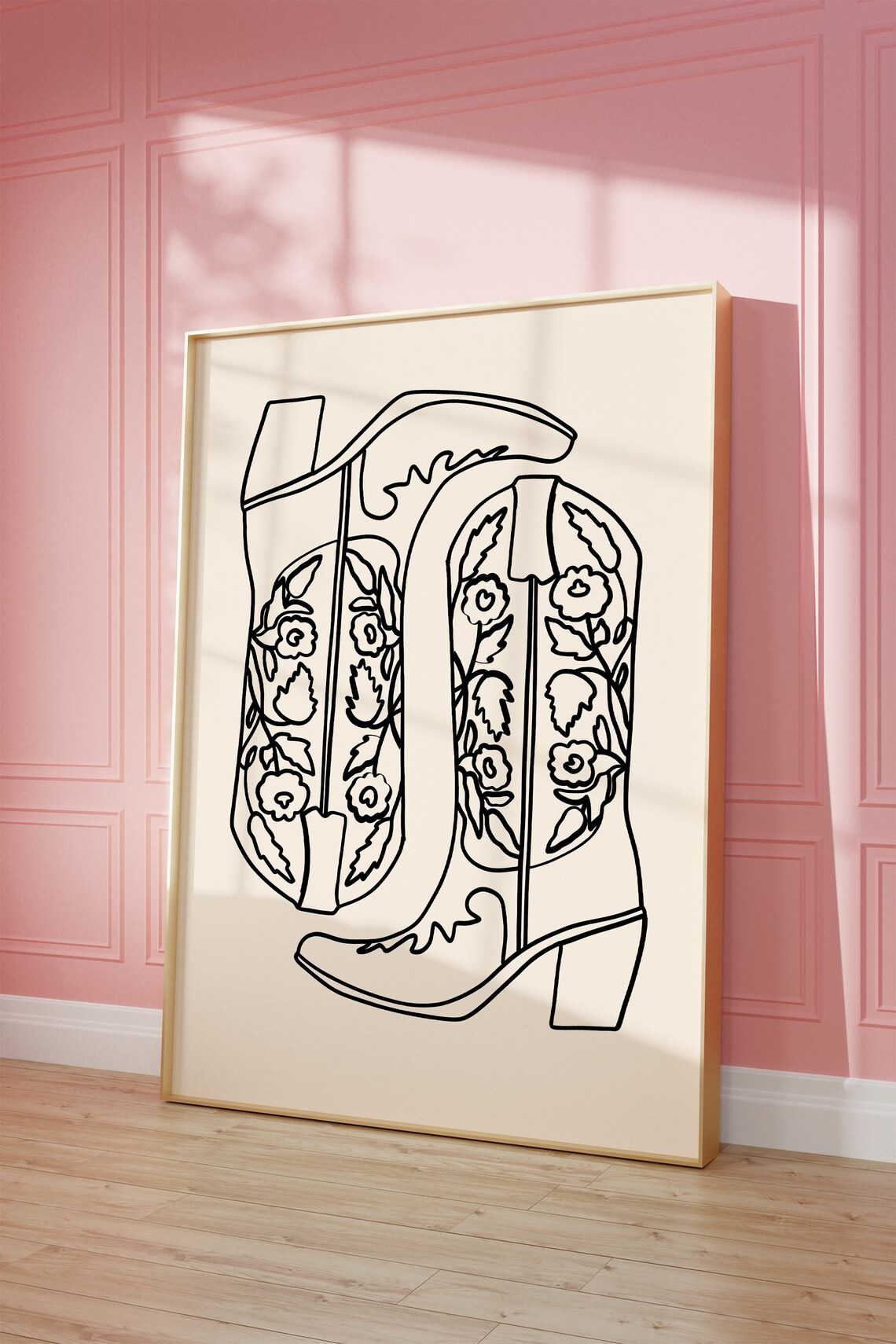 Floral Cowboy Boots Black Line Art Minimalist Western Decor Art Poster
