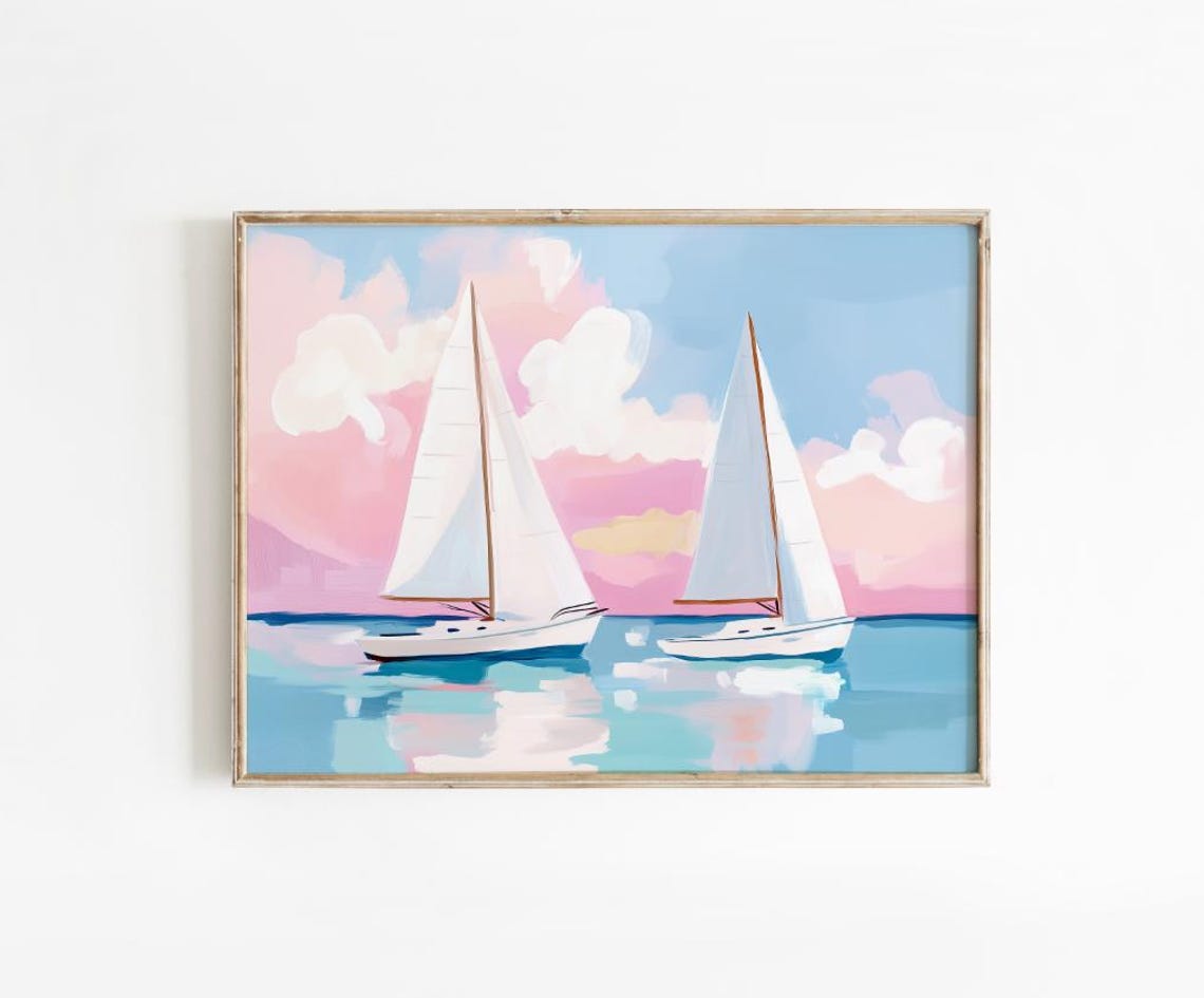 Two Sailboats at Pink Sunset Sea Sailing Coastal Decor Art Poster