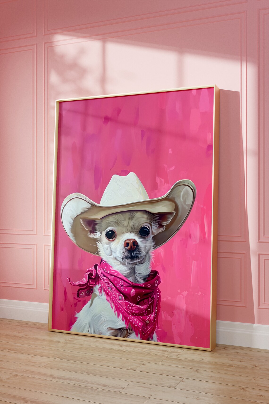 White Chihuahua in Cowgirl Hat Pink Bandana Western Puppy Poster - Image 2