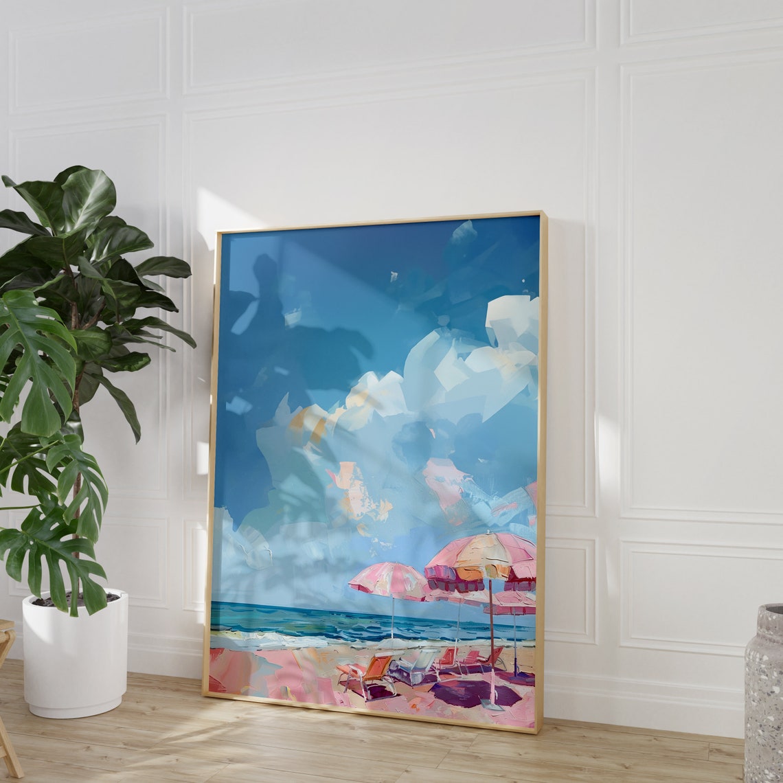 Pink Umbrellas Beach Day Abstract Coastal Painting Art Poster