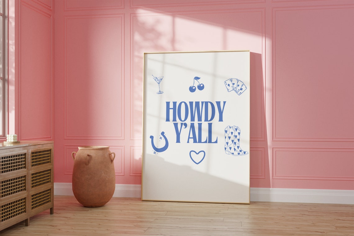 Howdy Yall Bold Blue Western Icons Cheerful Southern Charm Poster