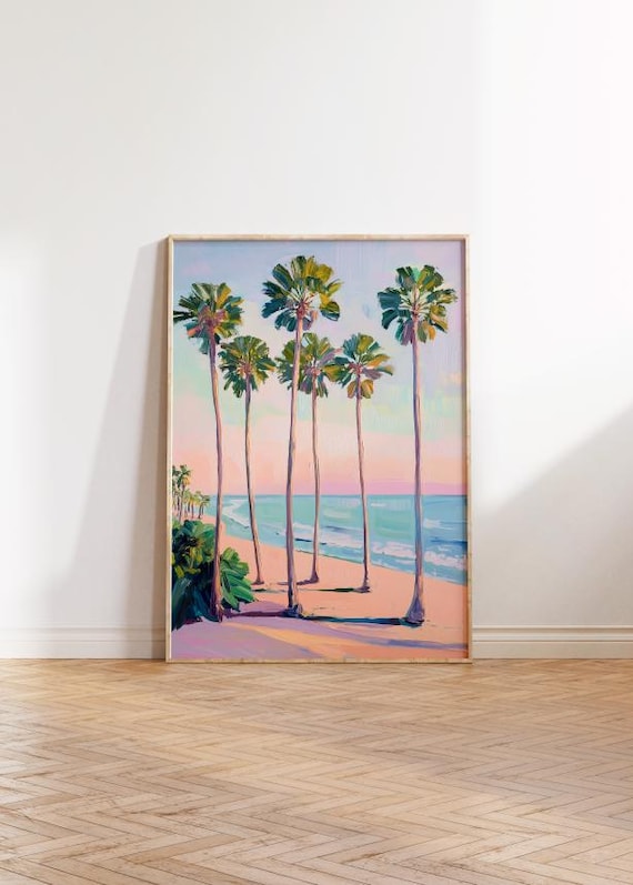Tropical Beach Palm Trees Painting Pink Sunset Ocean Wave Wall Poster