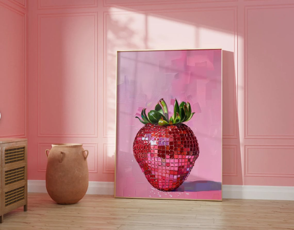 Giant Disco Ball Strawberry on a Pink Background Pop Art Poster
