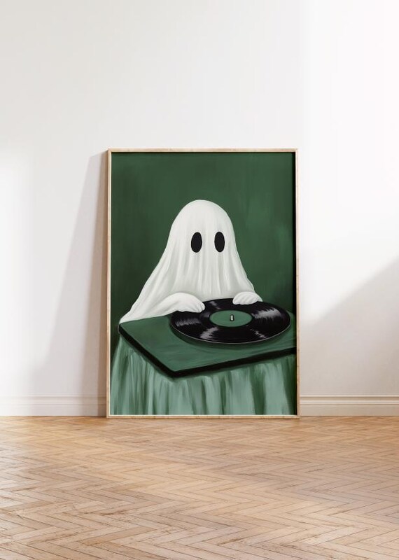Cute Ghost DJ Spinning Vinyl Record on Dark Green Poster Art