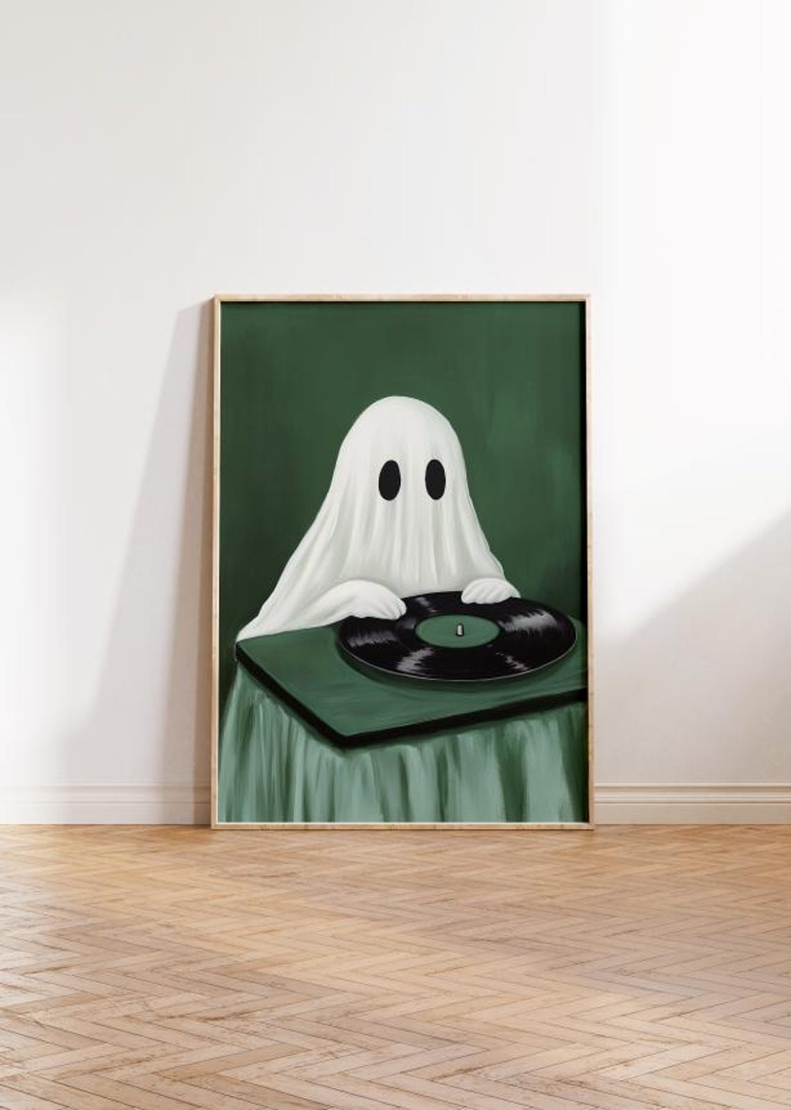 Cute Ghost DJ Spinning Vinyl Record on Dark Green Poster Art