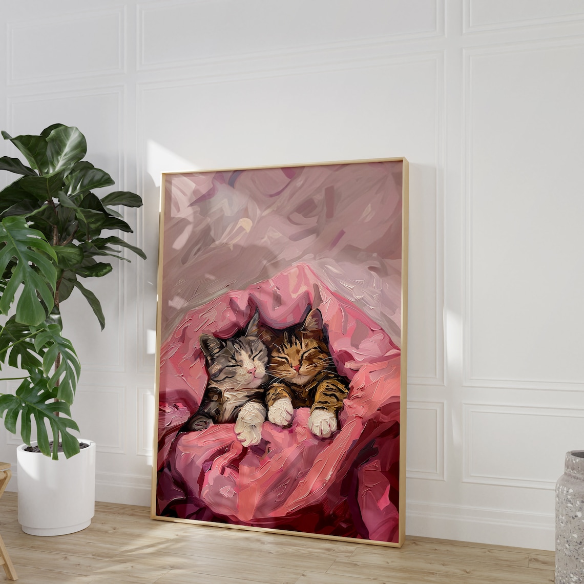 Two Sleeping Kittens on Pink Silk Blanket Cozy Cat Art Poster