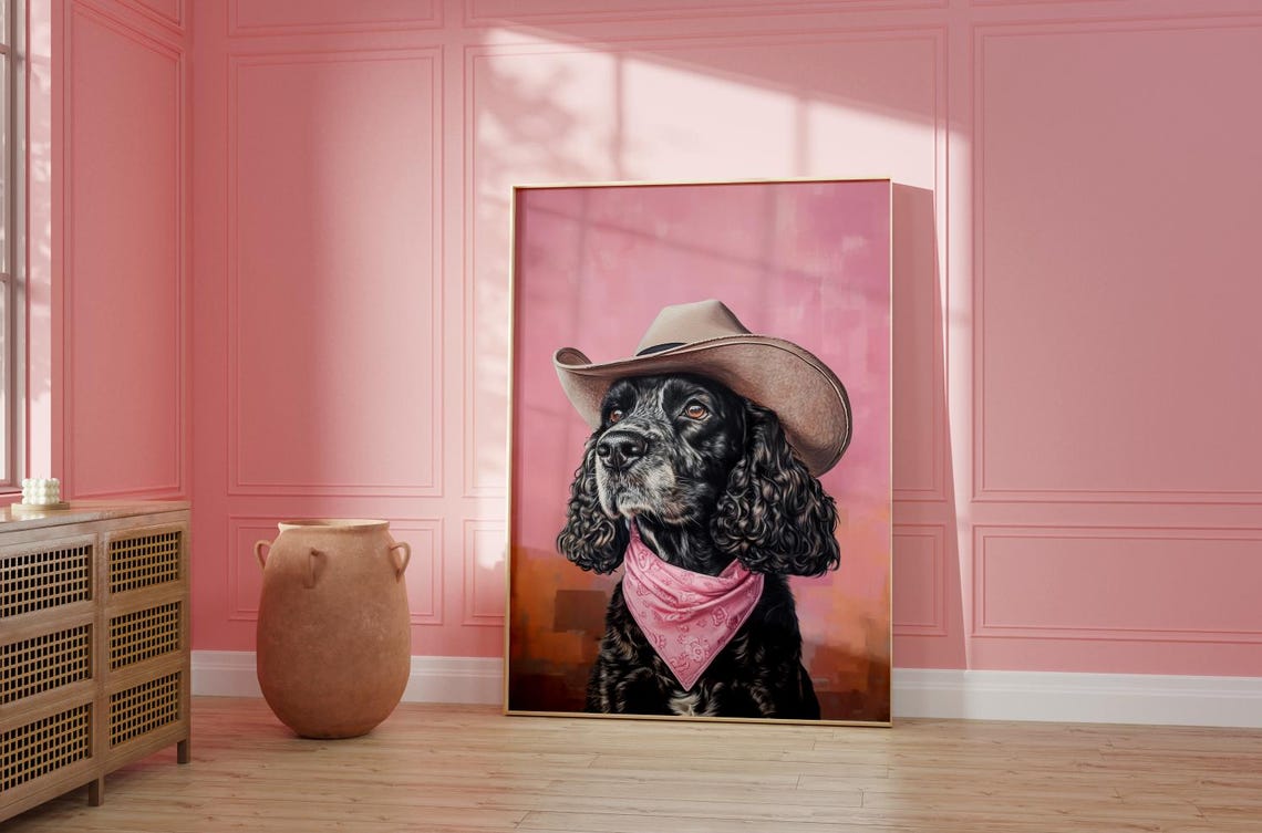 Black Cocker Spaniel in Cowboy Hat Pink Western Pet Art Poster