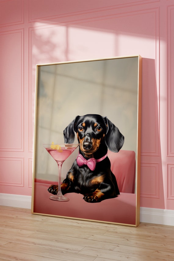 Pink Dachshund Print Funky Poster Preppy Art Dachshund Dog Bar Cart Martini Decor Dog Print Funny Decor Weiner Dog Print