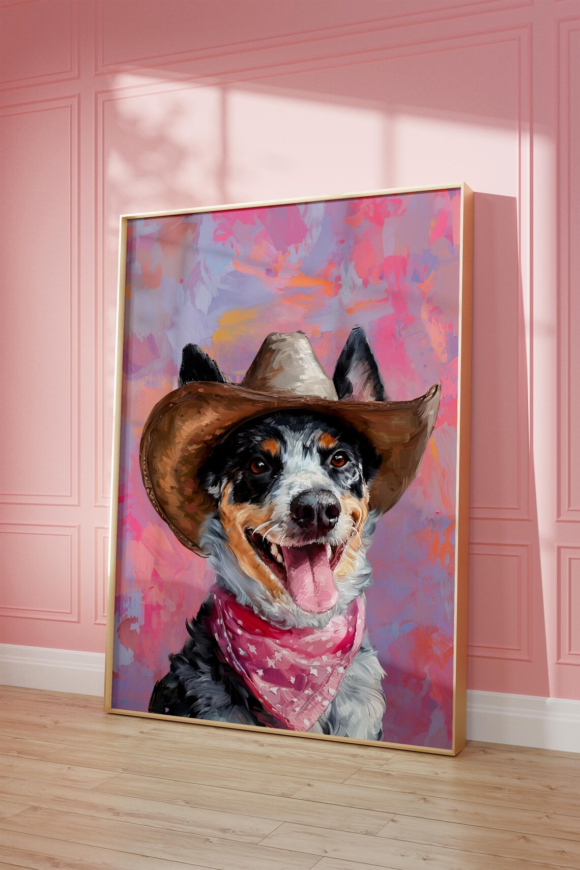 Blue Heeler Dog in Cowgirl Hat Pink Bandana Pastel Western Poster - Image 2