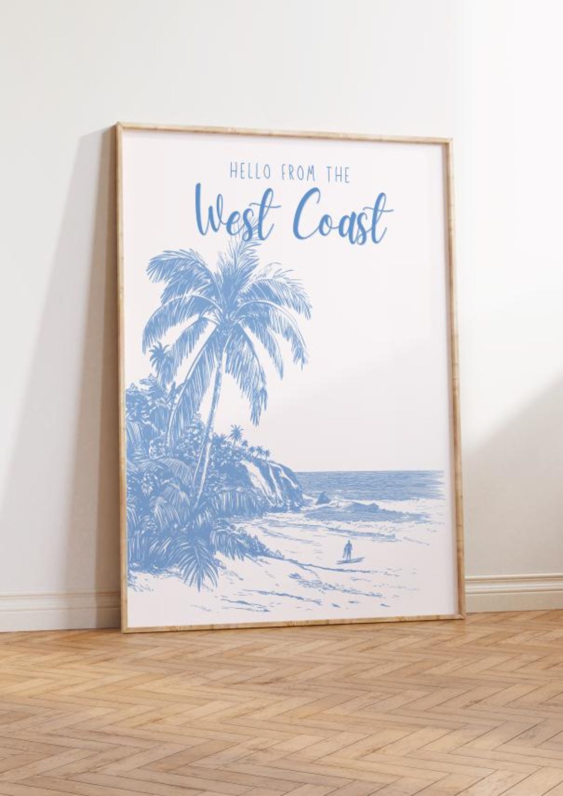 Hello From The West Coast Blue Palm Tree Beach Surf Art Poster