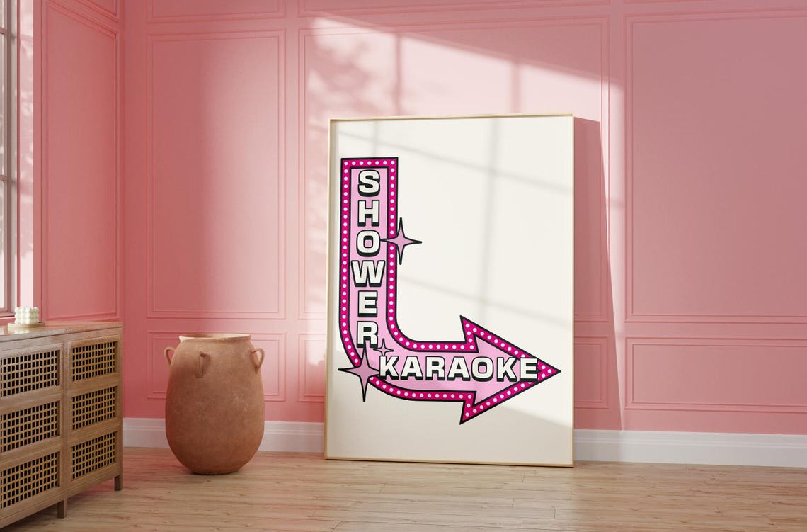Shower Karaoke Funny Bathroom Decor Cute Pink Bathroom Art Cute College Apartment Decor Funky Bathroom Art - Image 2
