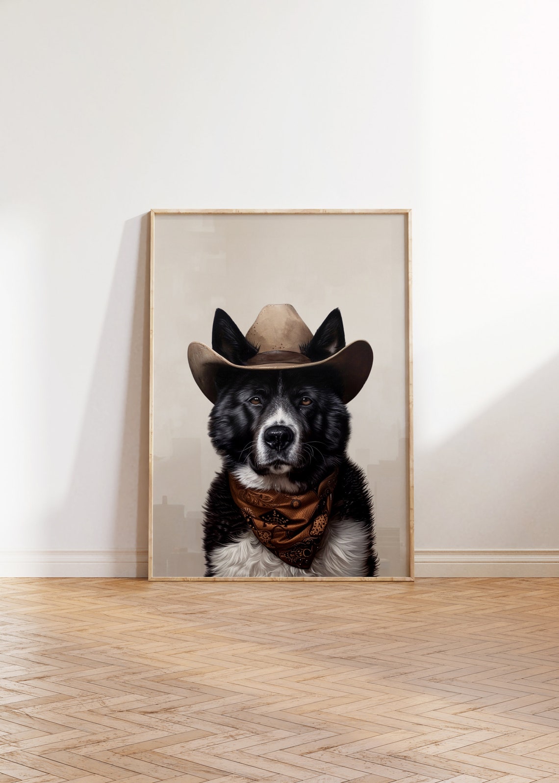 Black Mixed Breed Dog in Cowboy Hat Neutral Western Art Poster - Image 2