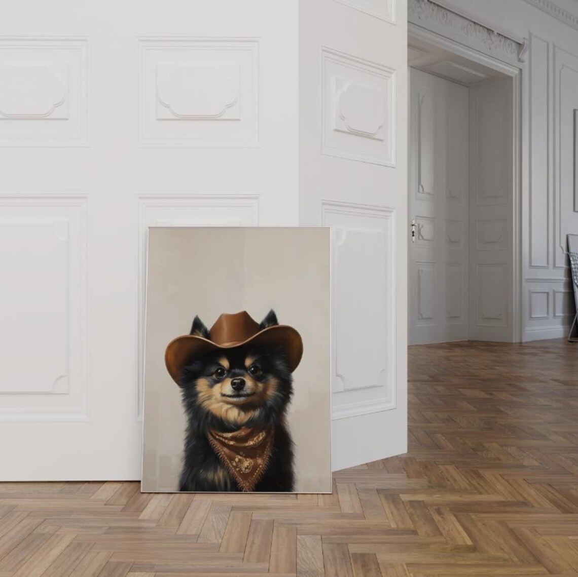 Fluffy Pomeranian Puppy Cowboy Hat Western Dog Portrait Poster
