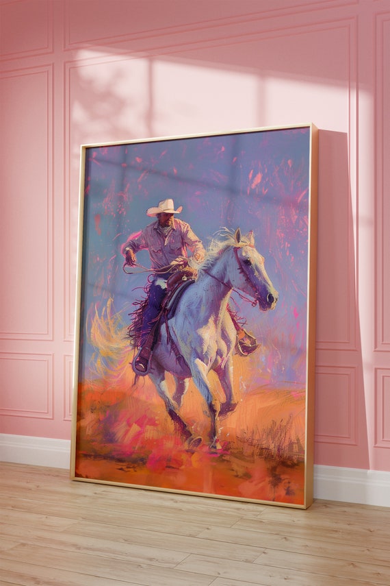 Vintage Cowboy Wall Art Western Painting Wall Art Newspaper Poster Bronc Rider Art Vintage Bar Cart Dorm Decor Wall Art