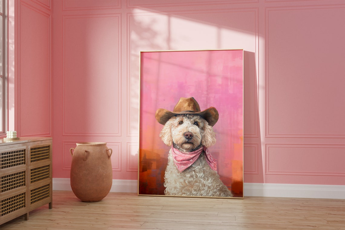 Goldendoodle Dog Cowgirl Hat Print Pink Print Vintage Art Western Girly Preppy Trendy Wall Art Cowgirl Hat Print Funky Western Art