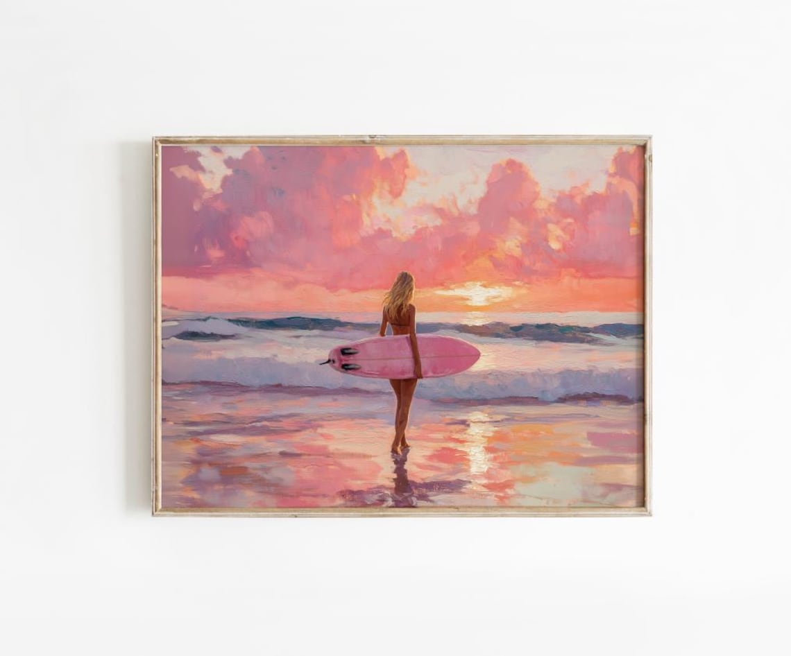 Sunset Surfer Girl Pink Beach Coastal Cowgirl Painting Poster